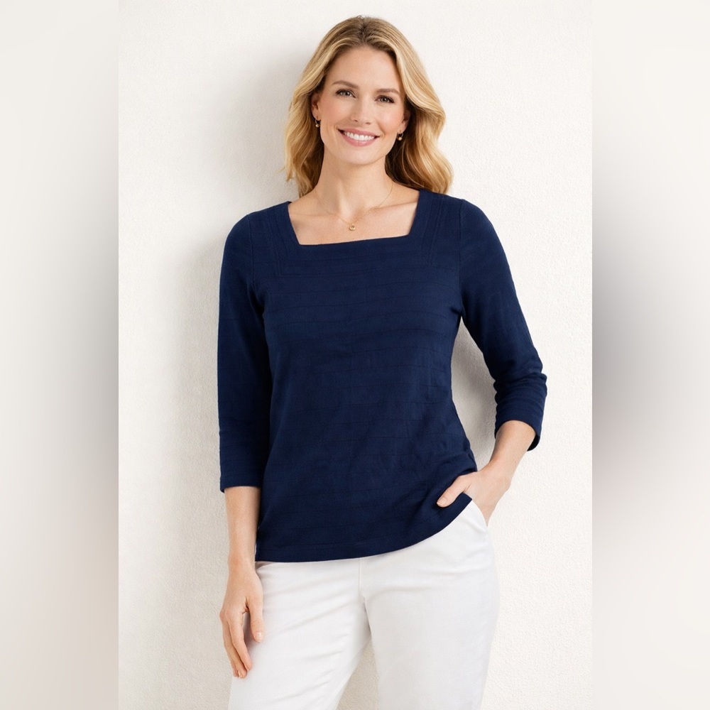 Talbots Navy Blue Square Neck Sweater Blouse 3/4 Sleeve Knit Spring Size Small‎